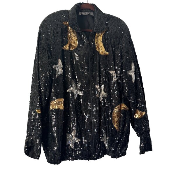 Vintage Modi Black 100% Silk Sequin Full Zip Up Jacket Moon & Star, Size 6-8 - Picture 1 of 7